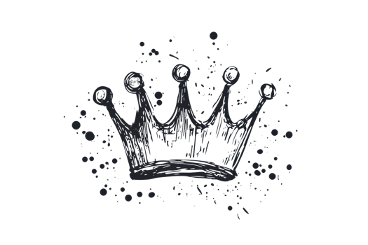 Artistic grayscale illustration of a decorative crown with hand-drawn aesthetic, surrounded by elegant splashes, symbolizing elegance and royalty. png