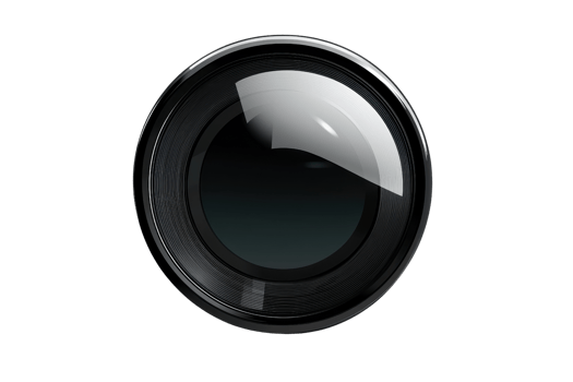 Close-up view of a professional camera lens, showcasing intricate details and reflective surface, ideal for photography and technology themes. png