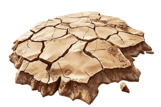 A patch of dry, cracked earth showing the effects of drought, emphasizing climate change impact and environmental challenges. png