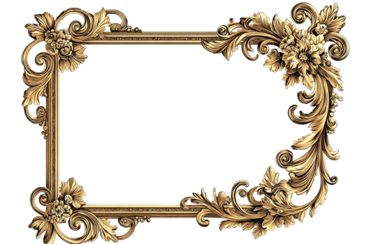 Elegant gold ornate frame with intricate floral details, perfect for classic art or vintage decor projects. png
