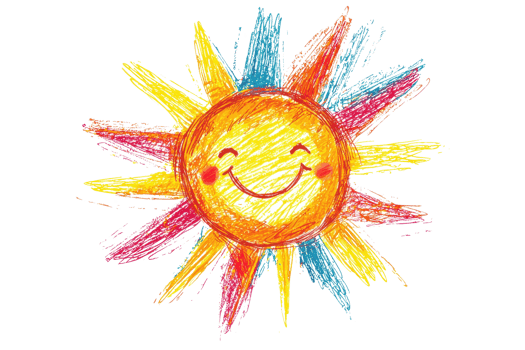 Colorful crayon sun with a smiling face, surrounded by vibrant rays in a cheerful illustration of warmth and happiness on a transparent background. png
