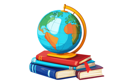 Colorful globe on top of a stack of books, symbolizing global education, knowledge, and learning. Ideal for educational and travel concepts. png