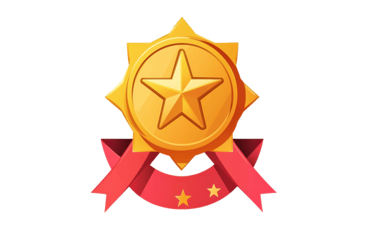 Golden star badge with ribbon, symbol of achievement and excellence. Ideal for awards, recognition, and success-related themes. png