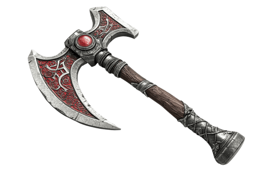 Intricately designed fantasy battle axe with ornate details and red gemstone, perfect for gaming and medieval themes. png