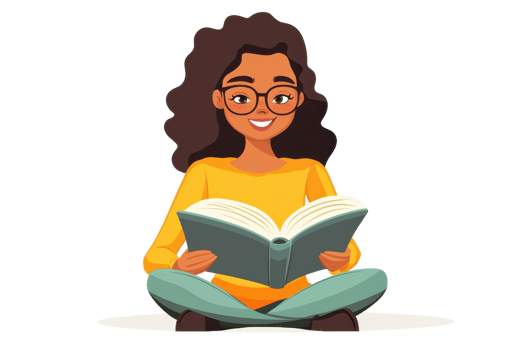 Illustration of a smiling woman sitting cross-legged while reading a book. Casual and relaxed scene focused on learning and enjoyment. png