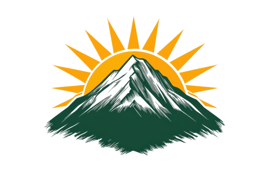 Illustration of a mountain silhouette with a vibrant sunburst background, symbolizing nature, adventure, and inspiration. png