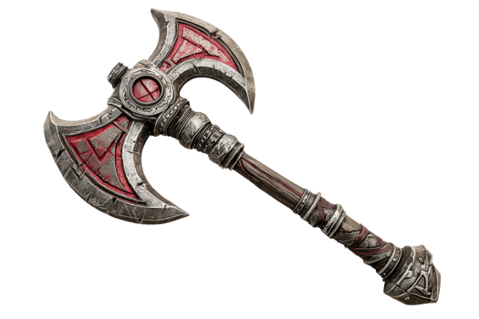 Intricate medieval battle axe with ornate metalwork and red accents, showcasing craftsmanship and historical weaponry artistry. png