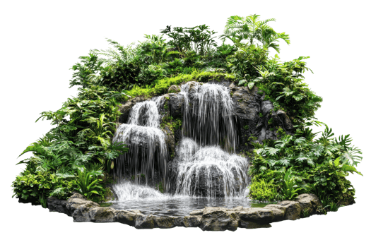 Lush tropical waterfall cascading over rocks surrounded by vibrant greenery, creating a serene and refreshing natural oasis. png