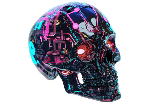 Futuristic neon cyber skull with intricate circuit patterns and glowing elements, symbolizing technology and innovation in vibrant colors. png