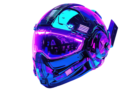 Futuristic neon helmet with intricate design, glowing in vibrant purple and blue tones, showcasing advanced technology and innovation. png