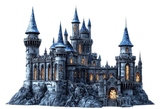 Majestic medieval castle illuminated at night, showcasing gothic architecture with towering spires and a mystical ambiance. png
