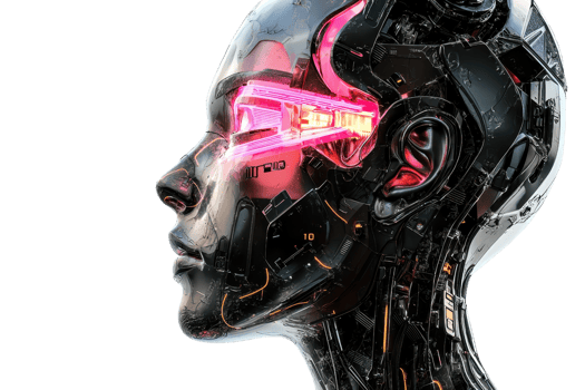 Futuristic robot face with glowing red eyes and intricately detailed metallic features, illustrating advanced technology and cybernetic innovation. png