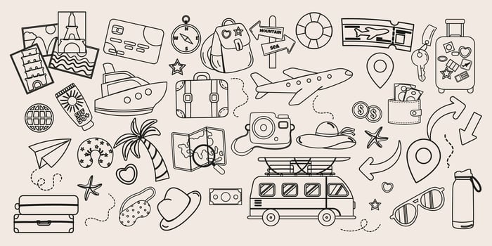 Set outline of travel elements hand drawn with lettering vector