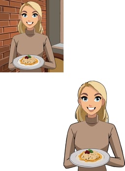 Young blonde waitress serving dessert in a restaurant vector