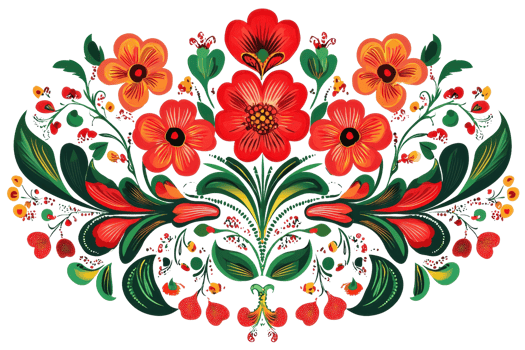 Vibrant floral design with red and orange blossoms, lush greenery creating an intricate pattern. Perfect for artistic and decorative projects. png
