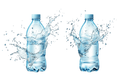 Two plastic water bottles with splashing water on transparent background, showcasing freshness and hydration concept in high resolution image. png