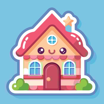 a cute house sticker with a pink white background vector