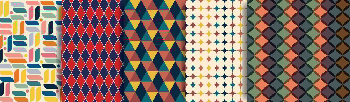 Seamless multi colored retro abstract shapes pattern set. geometric ornament collection vector