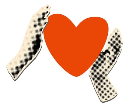 Hands holding red heart halftone collage element. Paper clipping shapes, cut out sticker with vintage dotted texture and doodle. Modern retro mixed media illustration vector
