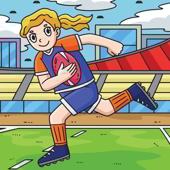Female Rugby Player Running Ball Colored Cartoon vector