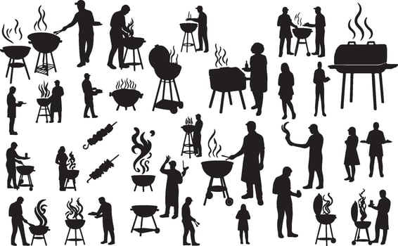 Silhouettes of people cooking on the grill vector