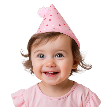 Happy baby girl wearing pink party hat smiling joyfully png