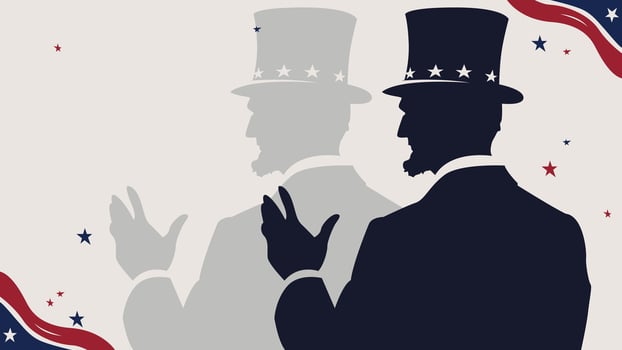 Lower third graphic for Presidents' Day featuring Abraham Lincoln's silhouette, iconic tall hat, and patriotic stars and stripes. Minimalist, elegant design for American-themed projects. vector