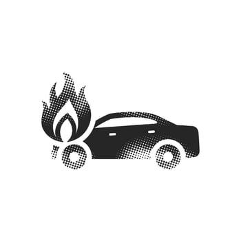 Car on fire icon in halftone style. Black and white monochrome illustration. vector