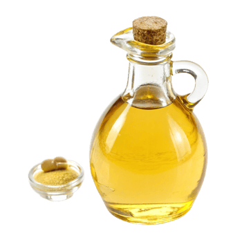 Pure vegetable oil in clear glass bottle product photography minimalist setting png