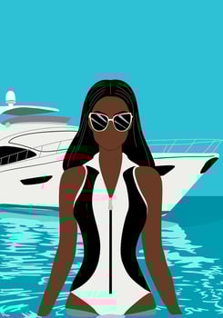 A woman in a bikini is standing in the water next to a boat. vector