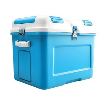 Portable icebox cooler in vibrant blue with a hinged lid isolated on transparent background png