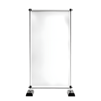 Modern roll-up banner stand with blank white display isolated on transparent background png