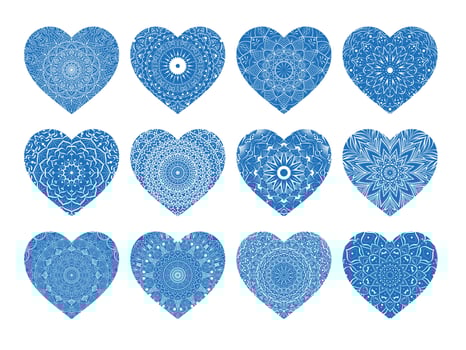 Set of blue lace hearts. Collection of Ornamental abstract hearts in mandala style for Valentines day, wedding, March 8, Mother day. vector
