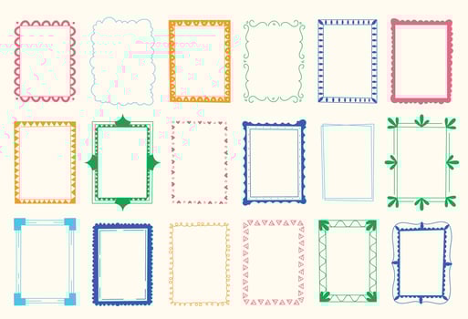 Cute kid doodle frames. Cartoon childish decorative photo picture frames, hand drawn square round oval rectangle shapes with lines. isolated set vector