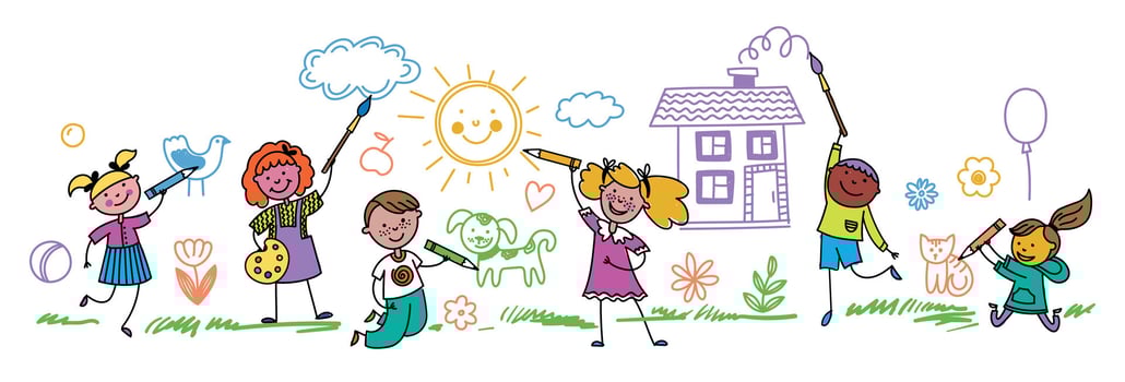Kids painting wall. Cartoon children characters drawing sketching coloring with pencils and brushes, creative childhood activities. illustration vector