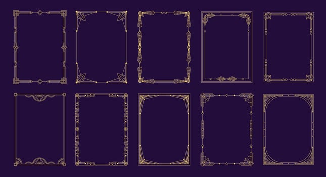 Art deco frames. Geometric modern border design elements, elegant minimalistic decorative lines for wedding invitation card and luxury cover. set vector