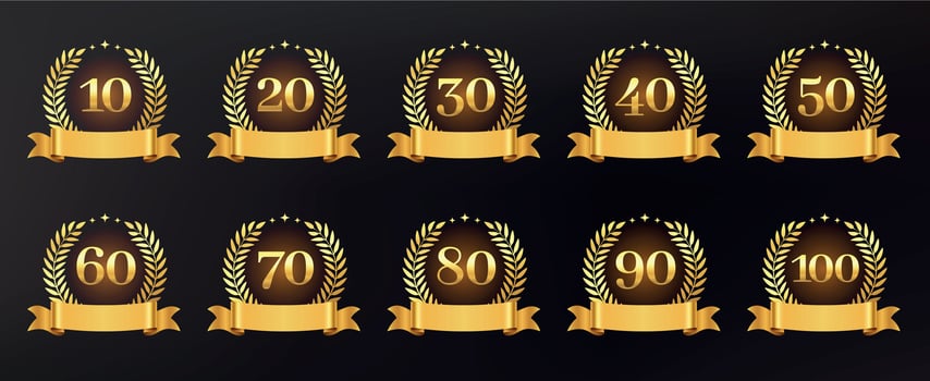 Golden anniversary sign. Celebrate 10, 20, 30, 40, 50, 60, 70, 80, 90, 100 years jubilee with gold laurel wreath and ribbon. numbers set for birthday greeting card vector