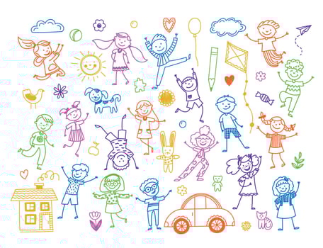 Sketchy happy kids. Cute doodle children playing and having fun, childhood emotions concept, funny boys and girls scribble pencil drawing. isolated set vector