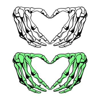Skeleton hands howing heart shape. T-shirt print for or Halloween. Hand drawing illustration isolated on white background. vector
