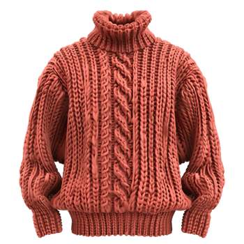 Thick cable knit red sweater with turtleneck isolated on transparent background. png