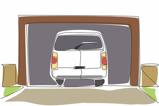Single continuous line drawing car garage seen from the front and car seen from the back. The car will be parked from the front of the car. National Garage Day design. One line illustration vector