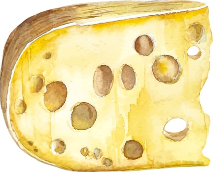 A cut slice piece of cheese with holes yellow watercolor cheese food ilustration hand drawn vector