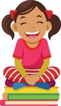 Happy elementary school student girl sitting cross legged on stack of books vector