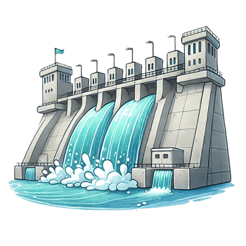 Illustration of a modern dam with flowing water and splashes. Eco-Friendly concept png