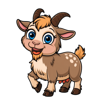 A cute and cheerful cartoon goat with bright blue eyes and a friendly smile. png