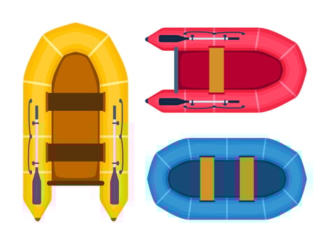 Rubber boats set. Rafting extreme water sport. Fishing equipment. Inflatable rubber vessel boat. illustration. vector