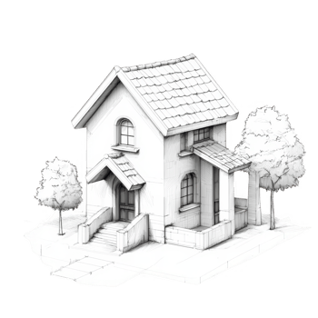 A charming small house design with trees and a pathway, ideal for architectural concepts. png