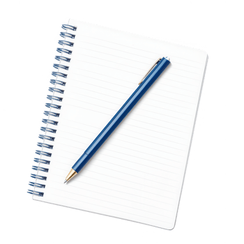 A blank notebook with a blue pen ready for ideas and notes to be written. png