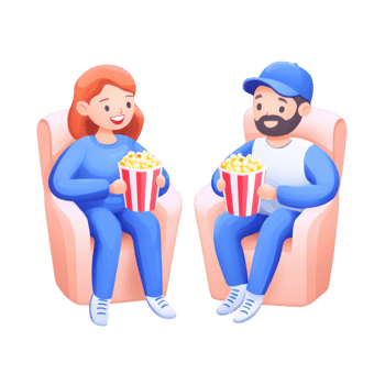 A couple enjoying popcorn together while watching a movie at home. png