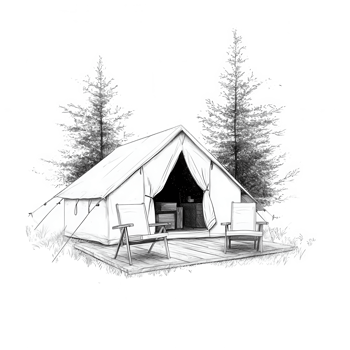A cozy glamping tent surrounded by tall trees offering a peaceful retreat in nature. png